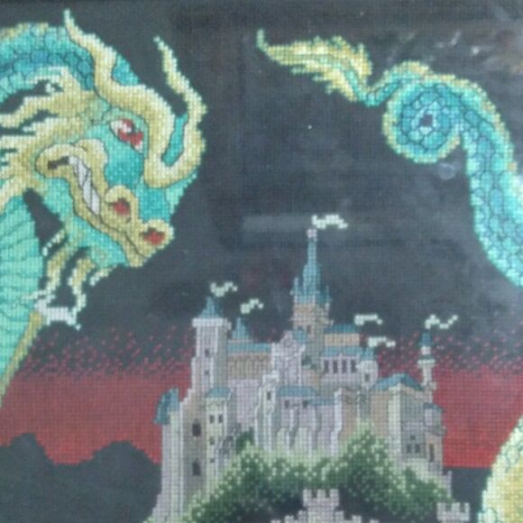 Vintage Dragon Castle Fantasy Landscape Cross Stitch Needlepoint Art Framed - Picture 1 of 8